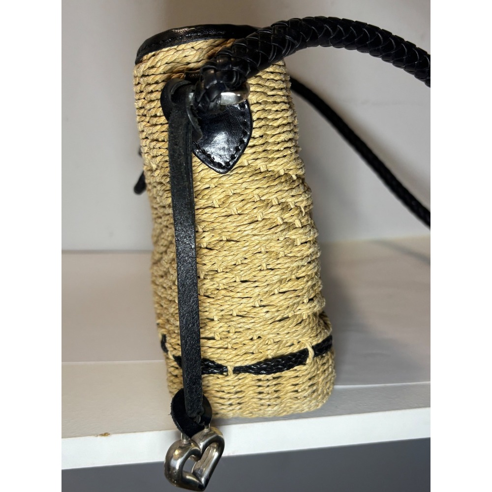 Brighton Woven Straw Shoulder Bag Black Croc Leather Trim Heart Charms Floral - Picture 5 of 16